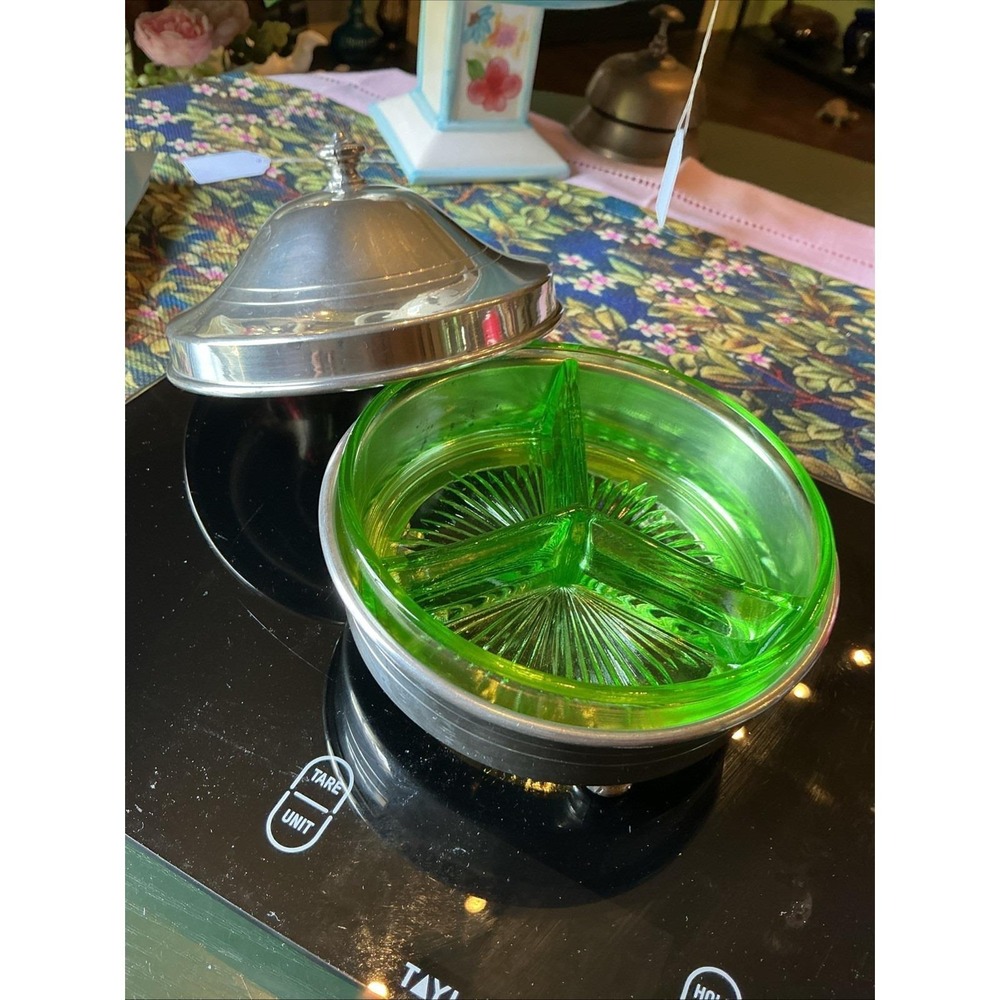 Vintage 4.5" Tall Pewter Matching Covered w/Green Uranium 3 Section Relish Dish